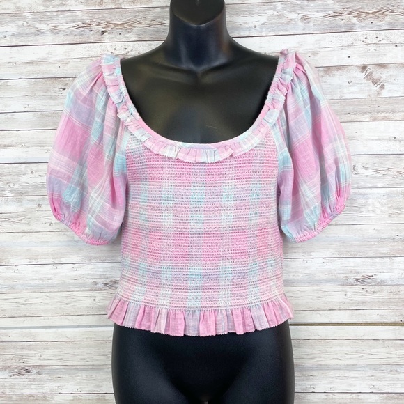 LOVESHACKFANCY Molly Top Pink Pastel Plaid Smocked - Picture 2 of 13